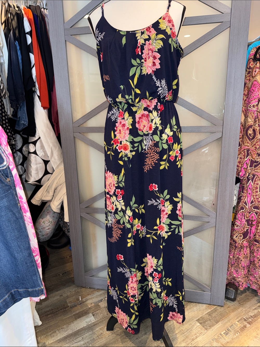 Navy Floral Spaghetti-Strap Maxi Dress